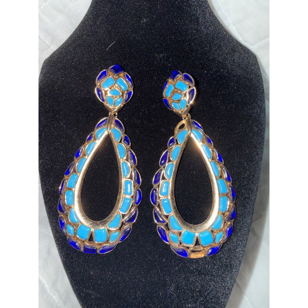 Vintage Crown Trifari Modern Mosaics Blue Turquoise Enamel Teardrop Earrings 60s